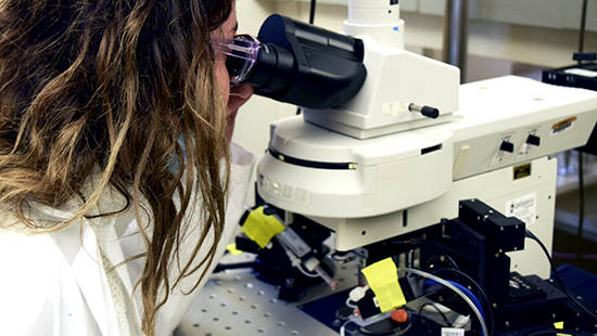 Researcher using microscope within a psychiatric neuroscience lab